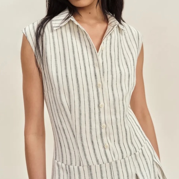 Unworn Reformation Arella Linen Mini Shirt Dress in Elsie Stripe Stripe - Picture 2 of 12